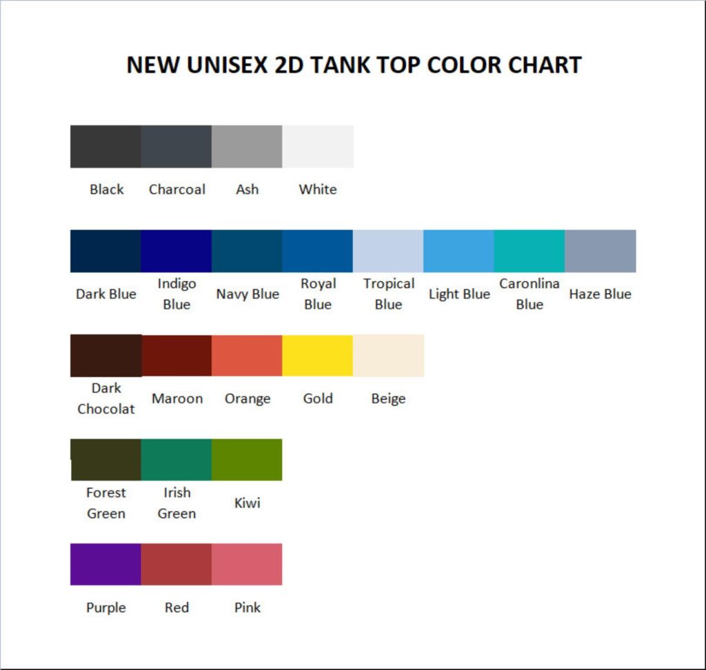 tank top color chart - Bleachers Store